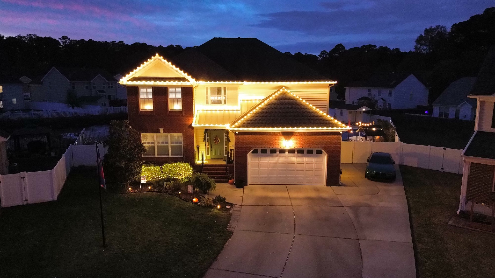 Aerial view of custom Christmas light installation