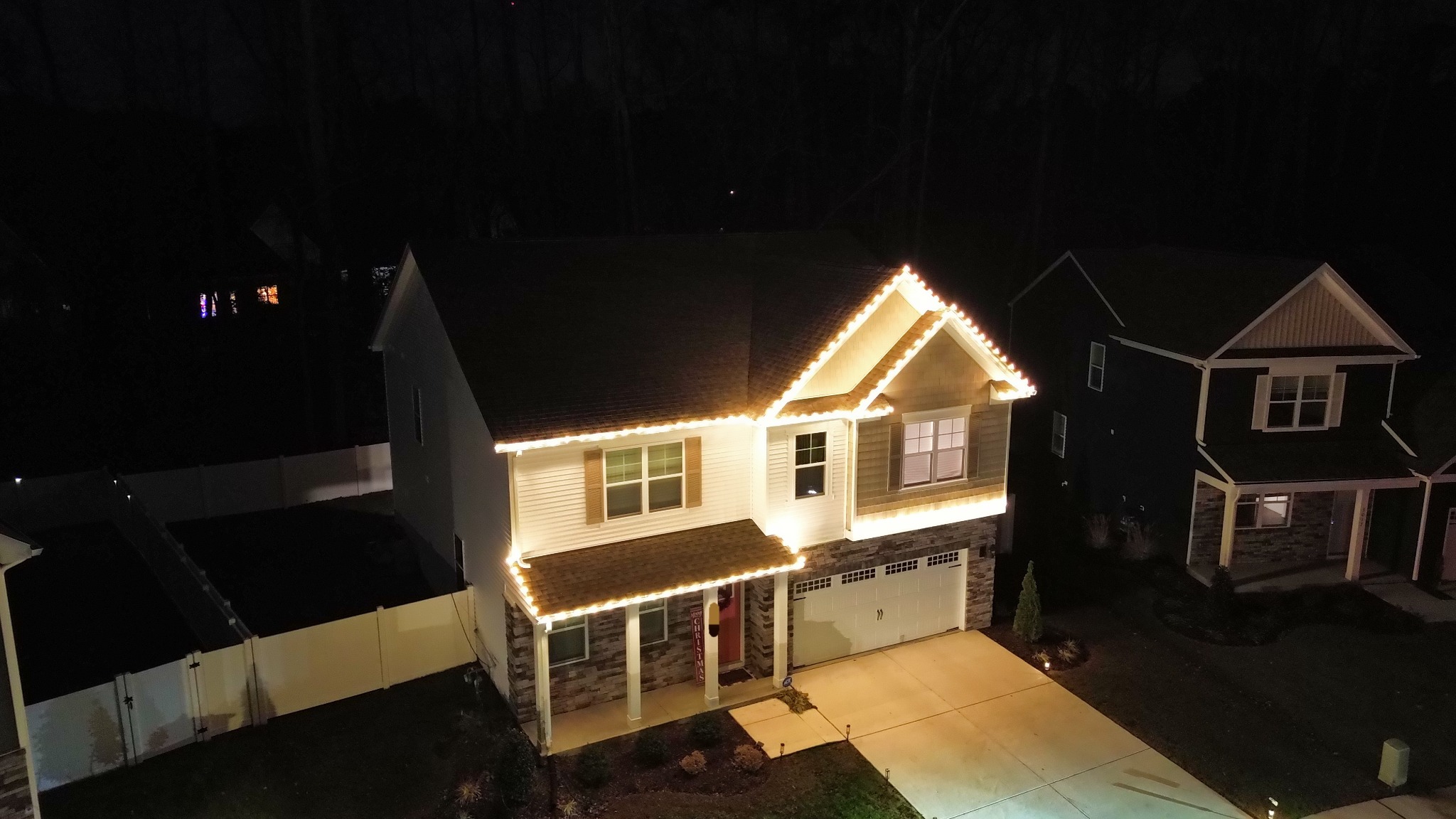 Aerial angle of professional Christmas light installation